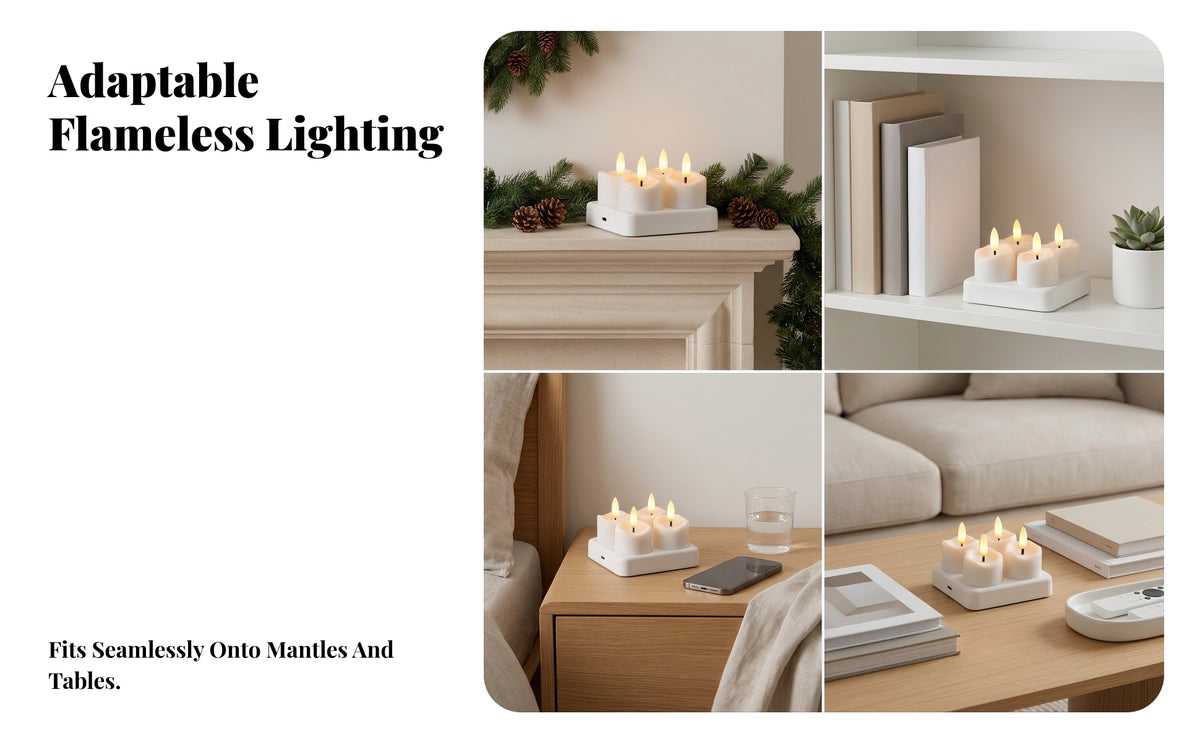 4 Pieces LED Tea Lights with Remotes | Realistic Molded beeswax Body, Rechargeable LED Candles with Charging Base Flameless Yellow Glow, for Cozy Indoor Ambiant