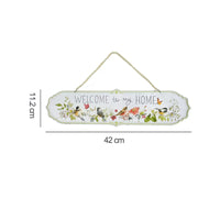 Floral and Bird Motif Metal Welcome Sign Scalloped Edges Hanging Welcome Plaque Gold-Tone Chain Hanging Wall Sign Pale Green Trim for Fence
