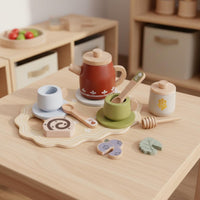 Toy Tea Set with Tray Smooth Wooden Tea Set Educational Dessert Pieces for Kids