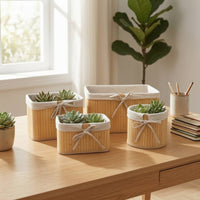 4 Pieces Natural Woven Basket with Lining Artisanal Bamboo Storage Basket Compact Desktop Organizer Rustic for Bathroom