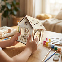 Easter Wooden House Hollow-Carved Design Wooden Easter Craft Set Creative Fun Paintable Wood Cabin for Crafters, Tabletop Display, Classroom Activity