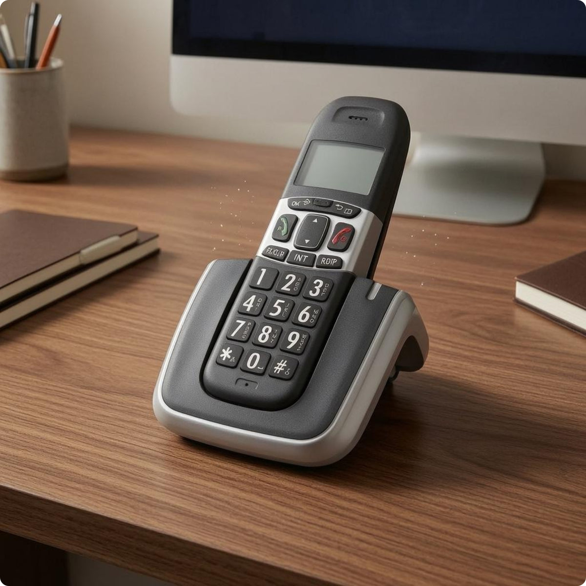 Large Buttons Digital Cordless Telephone Call Function Keys Cordless Handset Black Finish Charging Base Cradle Silver Trim