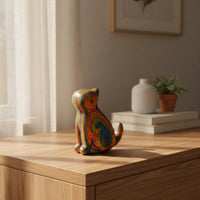 Creative Gift Rainbow Wood Cat Figurine Polished Finish Carved Wooden Cat Statue for Desk, Shelf, Living Room
