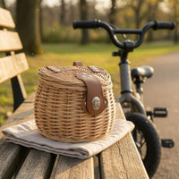 Handwoven Kids Front Bike Basket Natural Woven Wicker Bike Basket Lined Faux Leather Straps for Children