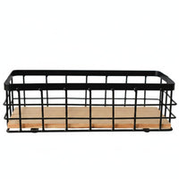 Multipurpose Wall Mounted Basket Minimalist Design Metal Basket Wood Base Grid Design Rectangular Organizer Bin for Kitchen, Bathroom, Office, Entryway