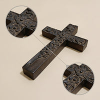 Cross with Floral Relief Freestanding Carved Wood Cross Rustic for Tabletop
