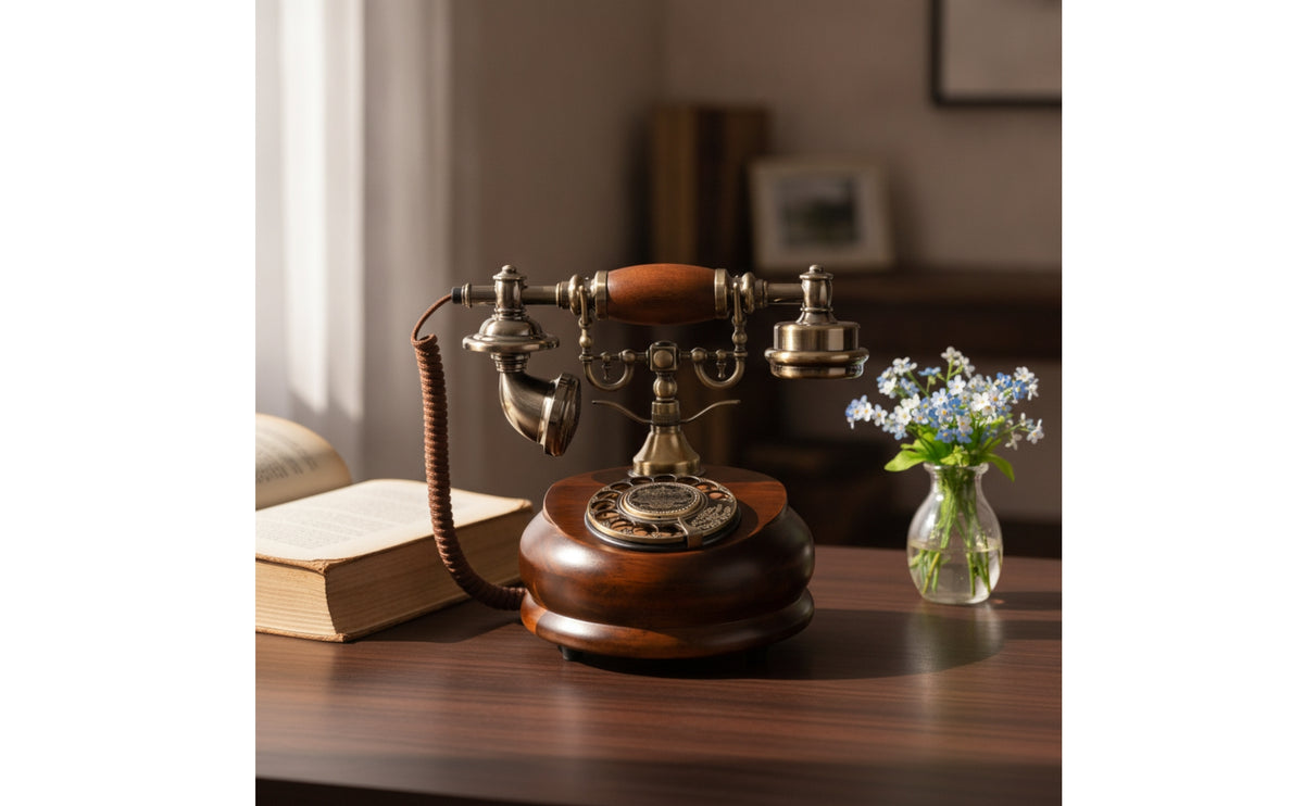 Rotary Dial Telephone Wood-Look Antique Style Telephone Antique Style Phone Decorative Nostalgic for Decorators, Desk, Study
