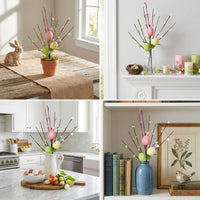 Artificial Easter Egg Branch with Speckled Eggs & Pussy Willow, Decorative Spring Twig Stem, Bendable Flower Pick for Vase, DIY Wreath, Home Decor & Table Centrepiece