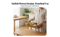 Japanese design aesthetic Round Woven Tray adaptable Round Woven Platter with Handles Natural visually pleasing Storage Basket perfect Gift for &beverage Lovers, Interior Decorators, homeowners, Kitchen, Living Room, Dining Table, Housewarming Party