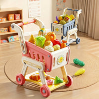 Toddler Toy Shopping Cart with Play Food Kids Shopping Cart Toy Easy-Push Grocery Cart Smooth-Rolling for Toddlers, Playroom
