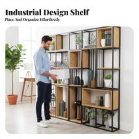 Floor Standing Partition Cabinet Openwork Crafted Metal Frame Storage Rack Solid Wood Shelves Standing Bookshelf for Office Workers, Study, Bedroom