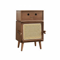 Rattan Drawer Front Robot-Shaped Side Table Space-Saving Design Multi-Compartment Side Cabinet space-efficient Size Nightstand adaptable Use for Children, Families, Homeowners, kid's Room, Playroom, Home Office, Entryway