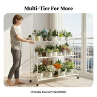 Multi-Layer Design 3-Tier Rolling Plant Trolley 360° Swivel Wheels Flower Rack Sturdy Frame Garden Supply Large Capacity for Gardening Enthusiasts, Event Planners, Balcony, Living Room, Indoor, Wedding