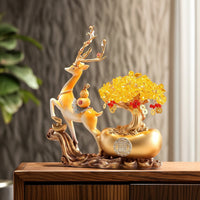 Deer Statue with Wealth Tree Desktop Table Centerpiece Glossy for Housewarming