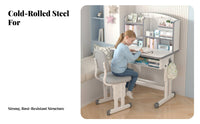 Space Saving Kids Desk and Chair Set Sturdy Steel Frame Adjustable Student Desk Set Bookstand Height Adjustable Study Table Widened Desktop for Students, Teenagers, Parents, Home, Bedroom, Playroom