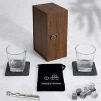 Gift Box with Drinking Glasses in a Wooden Box, Whisky Glass Set for a Birthday Gift or Home Bar, Gift for Him with 8 Stones and Ice Tongs, 10pc
