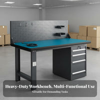 High Load Capacity Anti-Static Repair Table All-Steel Frame Heavy Duty Workbench Abrasion Resistant Workbench with Drawers and Pegboard Adjustable Feet for Technicians, Factory Workers, DIY Enthusiasts, Warehouse, Basement