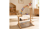 Bird Play Stand with Feeder Cups Wooden Parrot Activity Center Sturdy Avian Gym with Tray for Floor