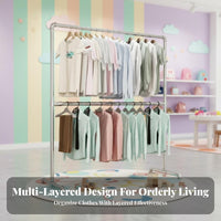 On casters Rolling Clothes Stand with Basket Double Hanging Rod Rolling Clothing Stand with Shelves unrestrictedstanding Garment Rack 2-in-1 Design for Boutique Owners, Homeowners, Bedroom, Retail outlet, children's Room, Entryway