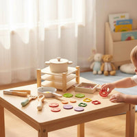 Wooden Pot and Pan Set Edge Design Toy Cookware Set Smooth Rounded Edges Pretend Kitchen Cookware for Children, Kids, Preschool