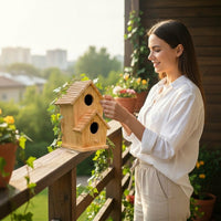 Wooden Birdhouse with Gabled Roof, Small Wooden House for Backyard Birdhouse Nesting, Outdoor Birdhouse Breeding Box with Round Hole, No Perch