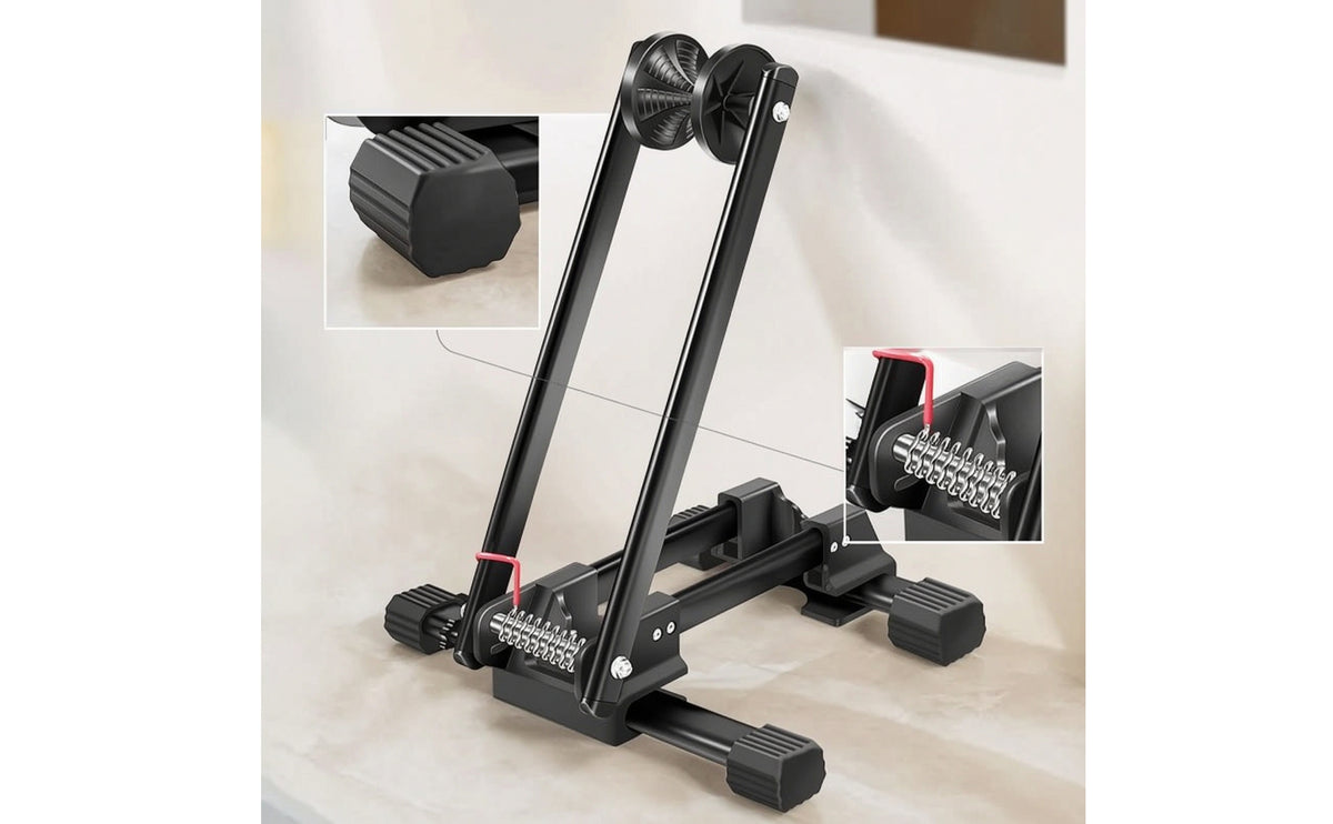 Upright Foldable Bike Stand Floor-Standing Foldable Two-Wheeler Stand Space-Saving Bike Rack with Folding Button Portable for Cyclists, Commuters, Garage, Indoor, Apartment