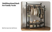 Multi-Functional Double Rod Garment Rack Heavy Duty Rolling Clothes Rack Mobile Coat Stand for Homeowners, Students, Retailers, Bedroom, Balcony, Laundry Room, Entryway