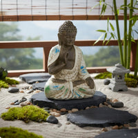 Blue and White Buddha Figurine Garden Ornament Seated Buddha Glass Embellishment