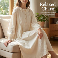Maxi Dress for Women UK with Embroidered Doll Detail, Long Sleeve Summer Dresses in Linen Blend, Plus Size Casual