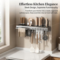 Cutlery Organizer Made of Carbon Steel for Countertop or Wall Mounted Use, Kitchen with Hooks and Towel Bar for Chefs