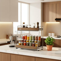 2-Tier Spice Rack Stainless Steel Corner Shelf Organizer Multi-Use Countertop Storage Shelf for Kitchen, Coffee Station
