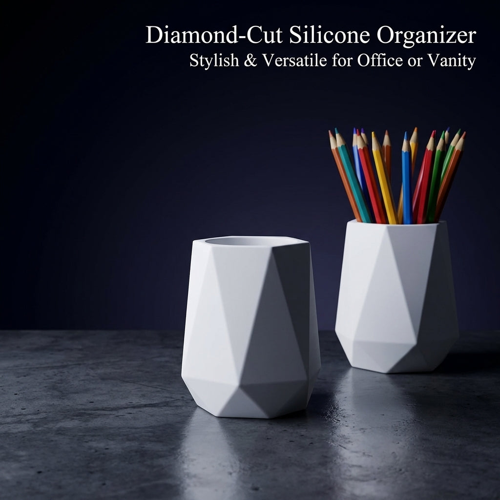 Office Organizer Silicone Pen Holder for Desk, Diamond Shaped Desktop Storage for Students, Shatterproof Stationery Gray