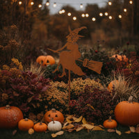 Rusted Witch Stake with Broom Metal Witch Silhouette Halloween Ornament Spooky for Garden, Lawn, Flower Bed