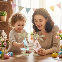 2 Pack Wooden Easter Bunny Decorations, Rustic Rabbit Figurines with Pastel Fabric & Jute Bows, Standing Table Ornaments for Spring Home Decor, Mantelpiece, Office & Tiered Tray