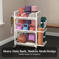 Lockable Wheels Home Gym Storage Rack Multi-Tier Design Rolling Workout Equipment Organizer Large Capacity Rolling Fitness Equipment Cart Includes Accessory Hooks