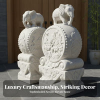 2 Pieces Stone Door Pier Traditional Design Chinese Drum Stone Hand-Carved Protector Lion Gate Post for Business Owners, Entranceway, Courtyard