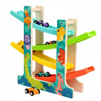 Early Learning Wooden Car Ramp Toy Inertia Powered Multi Level Car Slide for Toddlers, Kids
