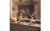 Witch Figurines with Brooms Halloween Boy and Girl Witch Statues Hand-Painted Ornament for Decorators, Collectors, Windowsill, Mantel, Bookshelf