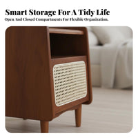 Solid Wood Legs Rattan Nightstand Minimalist Design Rattan-Front End Table with Lift-Top Storage Drawer Bedroom Furniture Small Space Friendly for Homeowners, Interior Decorators, Adults, Guest Room, Apartment, Office