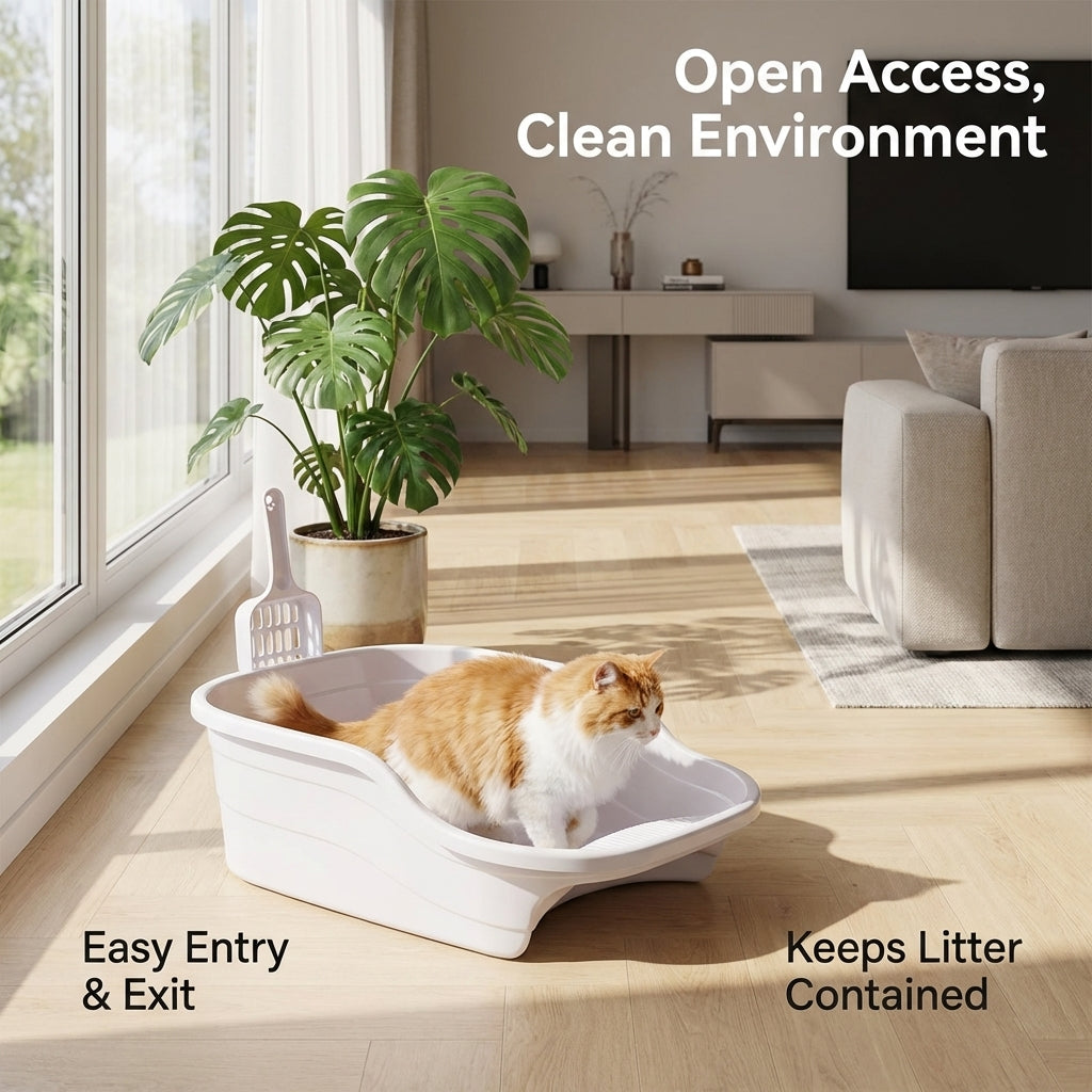 Semi-Enclosed Cat Litter Box for Felines, Large High-Sided Litter Tray, Durable PP Pet Toilet, Easy Clean Kitten Potty, Includes Scoop