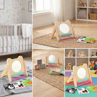 Wooden Mirror with Cards Educational Bear Mirror Toy Foldable Compact for Babies, Tummy Time, Nursery