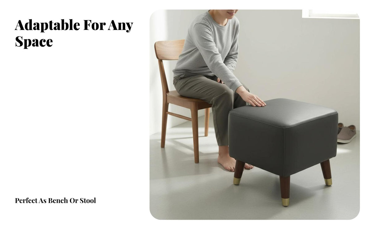 Genuine Leather Upholstered Cube Stool Luxury Design Footrest sturdy Wood Frame Indoor Furniture Multi-Functional for Adults, Homeowners, Students, dressing area, Entryway, Bedroom, Small Spaces