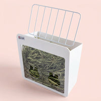 Bunny Hay Feeder with Low Mess Hay Box and Metal Hay Rack for Guinea Pigs, Clamp Fixation Cage Accessory, 25 × 13.3 × 19.8 cm, White