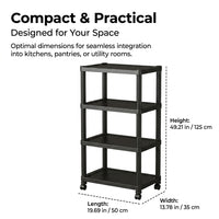 Black Shelving Unit for Kitchen, Modern Freestanding Pantry Shelving Unit with Wheels, Adjustable Storage Shelves
