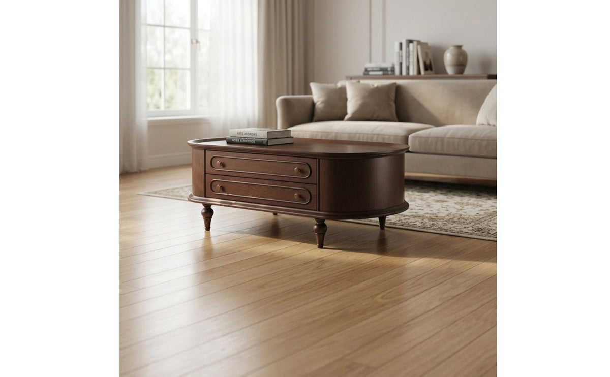 Coffee Table with Two Drawers Finish Coffee Table with Drawers Vintage-Influenced Furniture for Homeowners, Living Room, Reading Corner