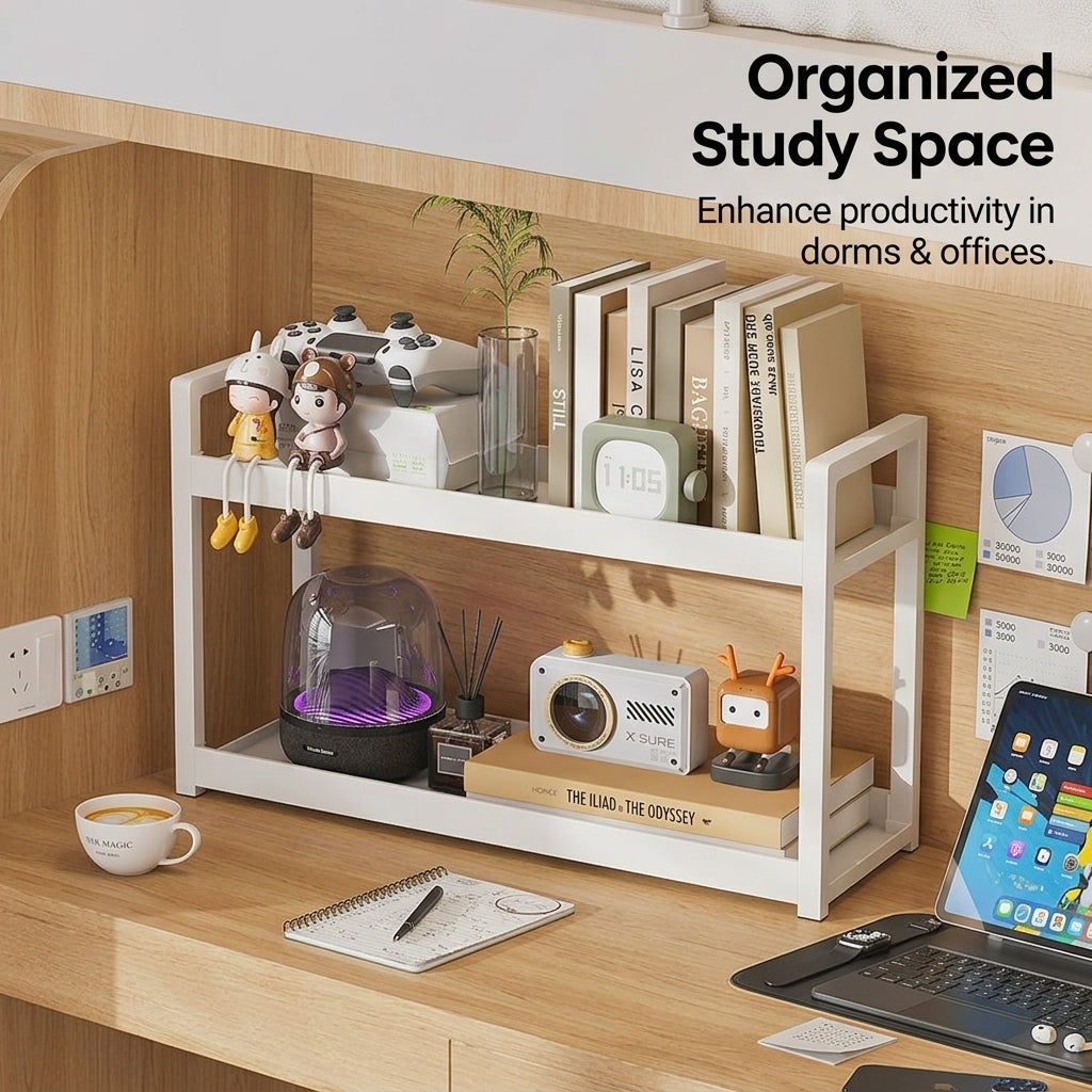 2-Tier Desktop Shelf Organizer, Small Bookshelf for Office Desk Storage, Freestanding Book Shelves Unit, No Required