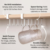 Cabinet and Cupboard Under Shelf Hanging Hook Rack for Kitchen User, No Drill with Easy Install Clip