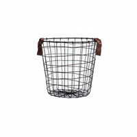 Multi-Purpose Black Wire Basket with Leather Handles Rustic Decor Vintage Aesthetic Laundry Basket Round Iron Storage Bin for Bedroom, Living Room