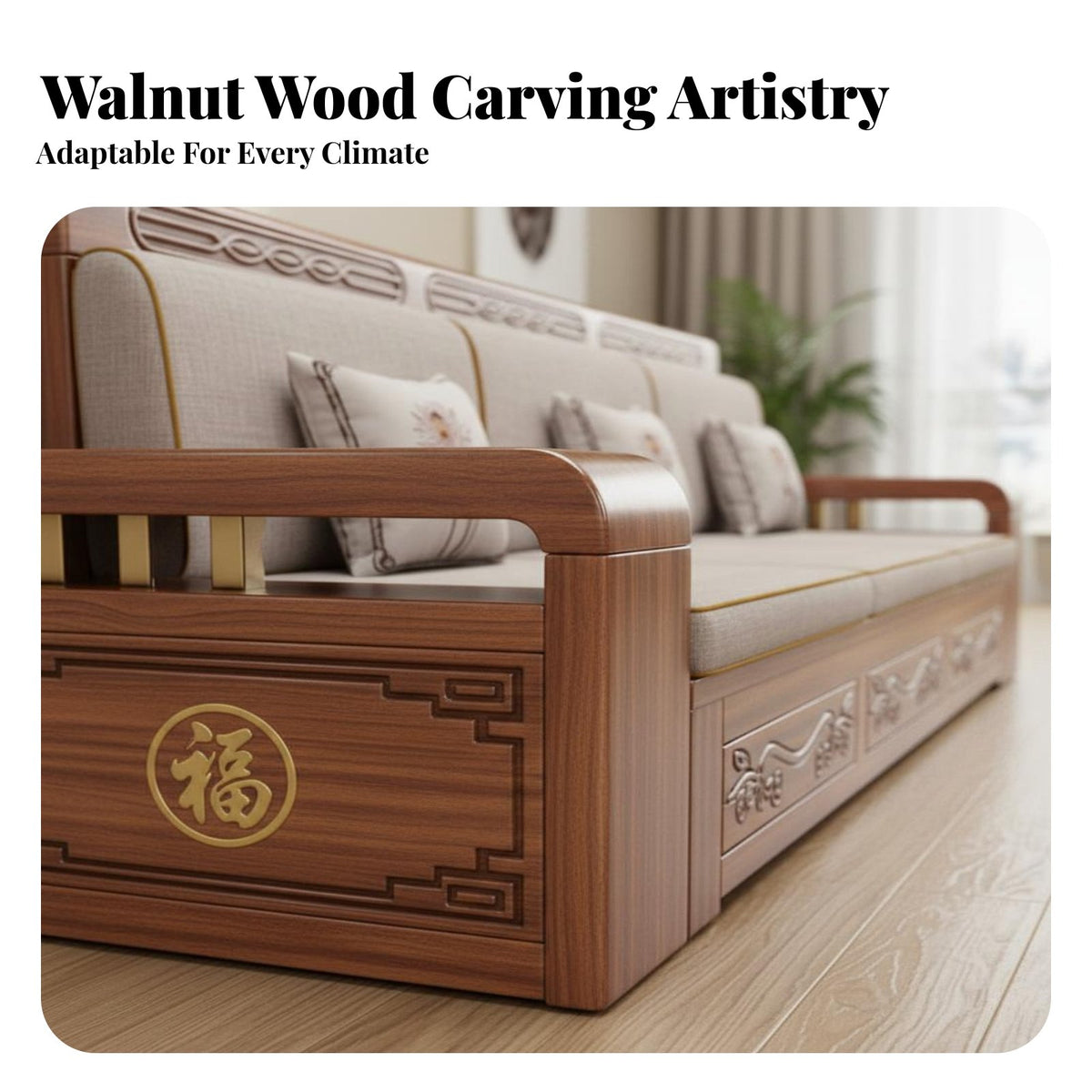 Walnut Wood Carved Sofa Set Double Use Winter Summer Chinese Design Wooden Sofa Mortise and Tenon Joinery Sectional Couch with Storage for Families