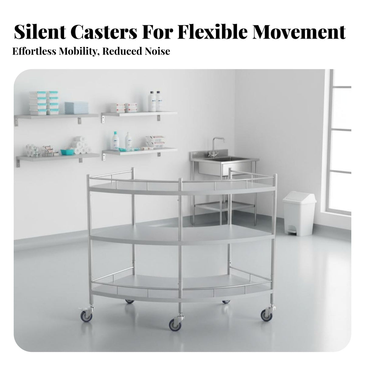 Rust-Resistant Fan-Shaped Medical Cart Easy to Clean Curved Oral Utility Cart Heavy Duty 2-Tier Trolley Braking Wheels for Dentists, Surgeons, Doctors, Operating Room, Medical Facility, Laboratory